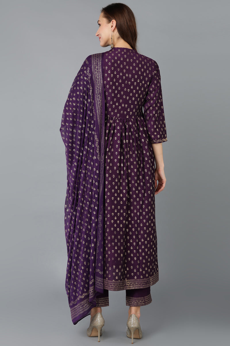 Indian Clothing Women's Purple Silk Blend Anarkali Kurta Pant With Dupatta - Rasiya - Swadesiicart