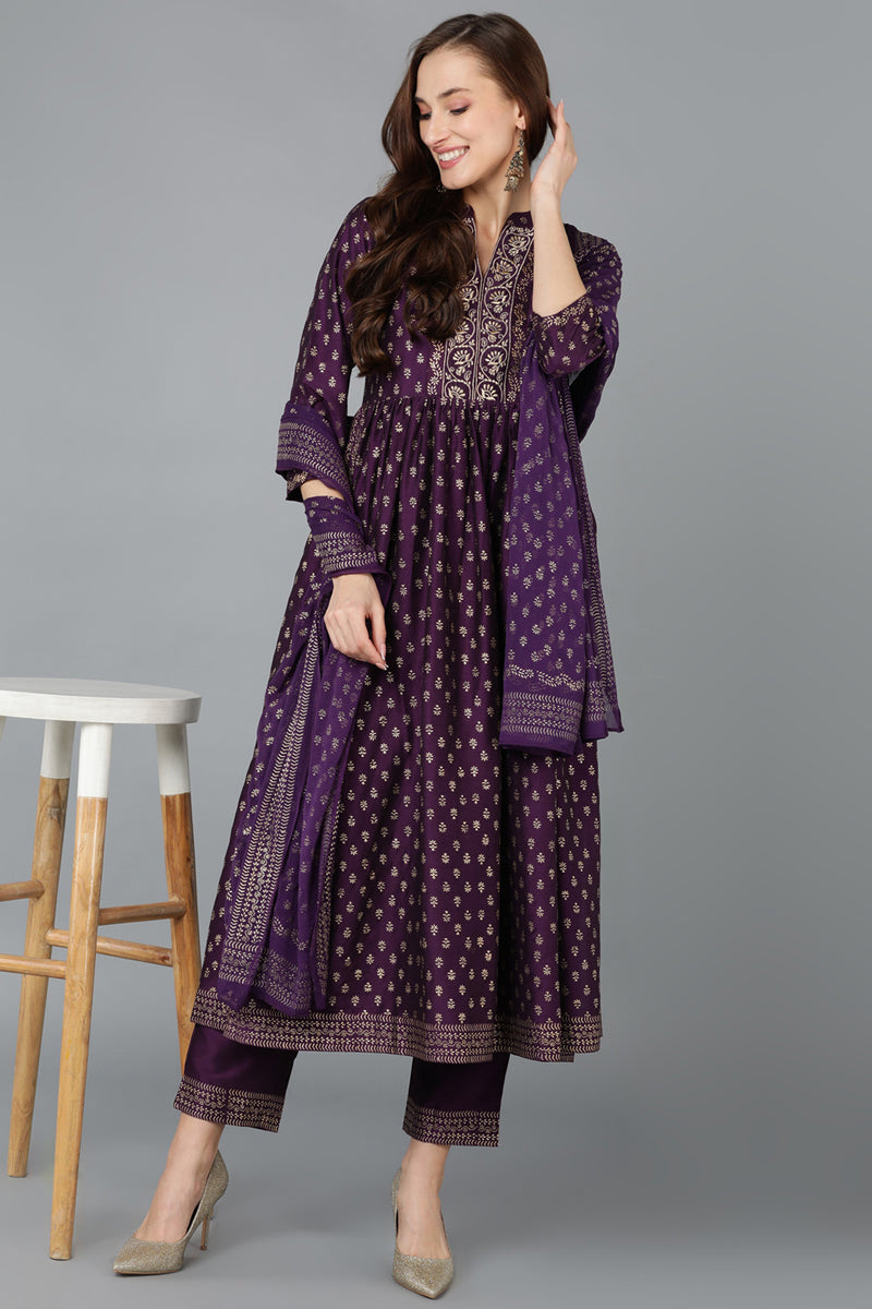 Indian Clothing Women's Purple Silk Blend Anarkali Kurta Pant With Dupatta - Rasiya - Swadesiicart