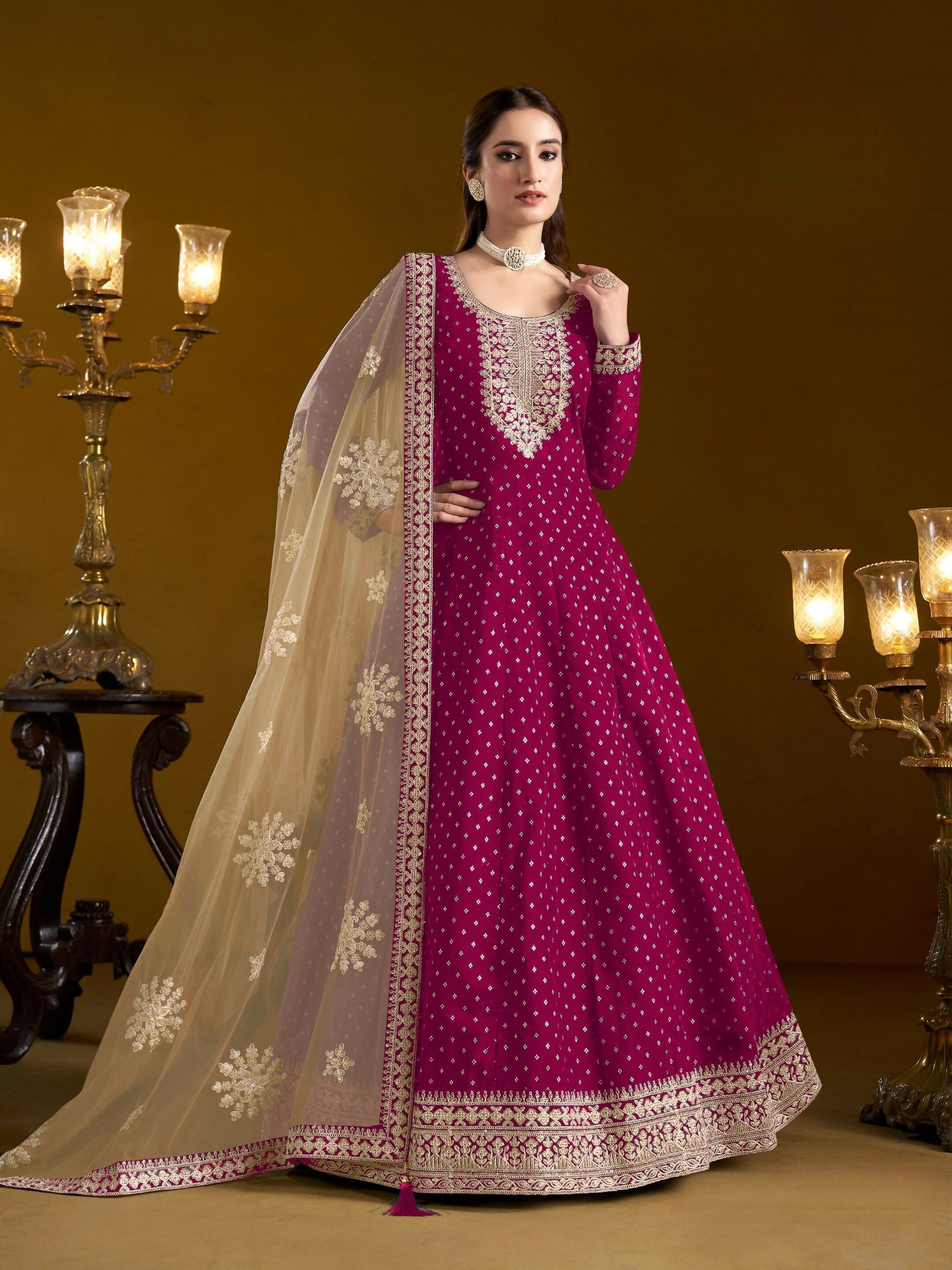 Anaita Rani Pink Embroidered Jacquard Chanderi Anarkali Suit