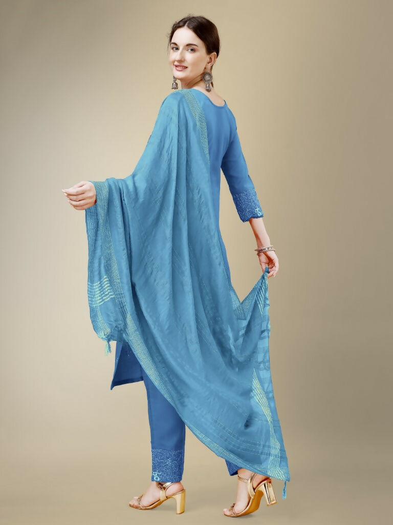 Jyoti Fashion Women's Sky Blue Cotton Blend Embroidery & Fancy Lace work Kurta with Trouser & Dupatta | Swadesiicart