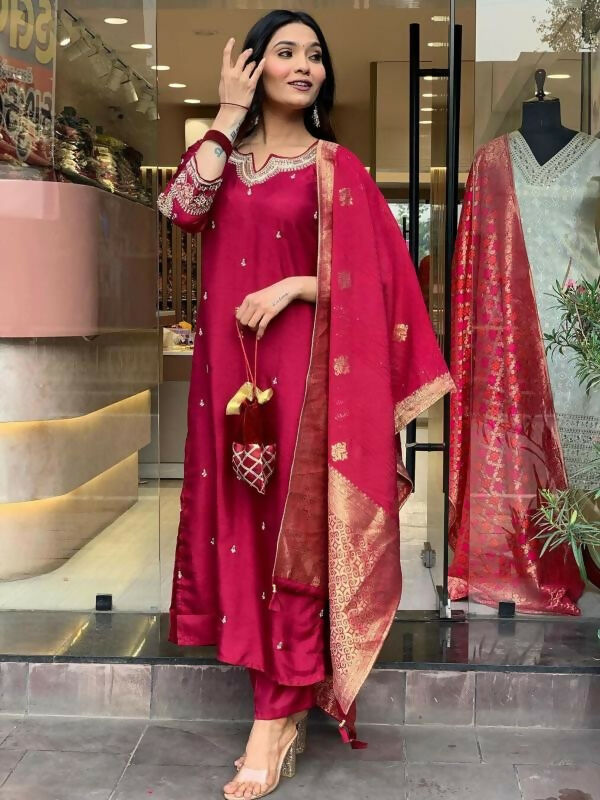 The52 Maroon Beautiful Embroidered Viscose Chanderi Fabric Straight Kurta Pant with Dupatta Set - Swadesiicart