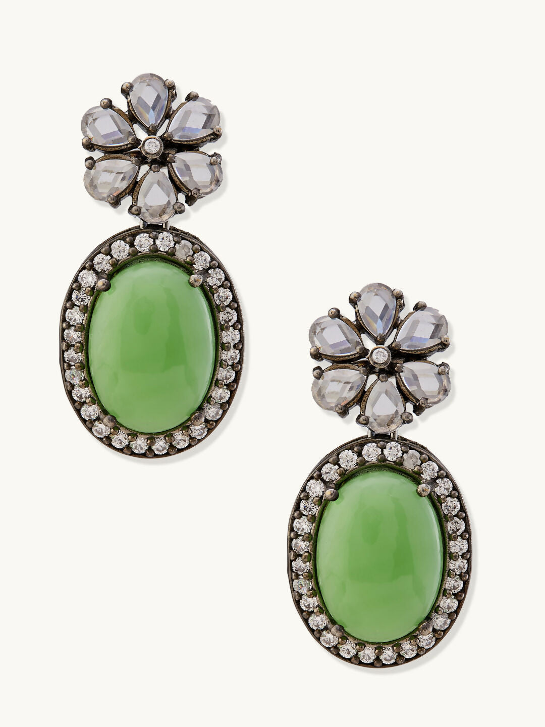 Nuyug Antique Silver Plated Crystal Studded Faux Jade Stones Embellished Necklace Set | Swadesiicart