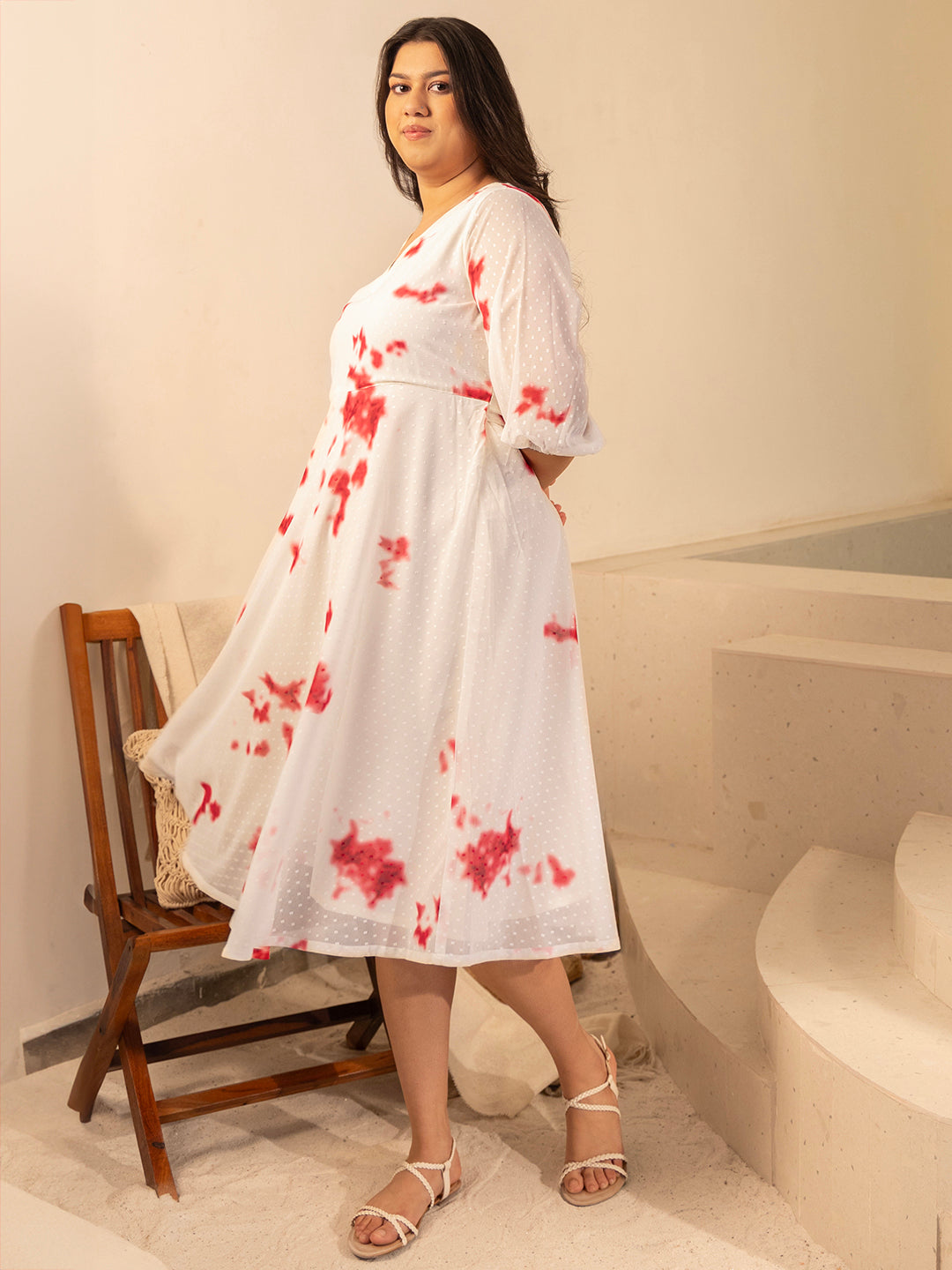 Janasya Off White Dobby Georgette Tie & Dye Fit & Flare Dress | Swadesiicart