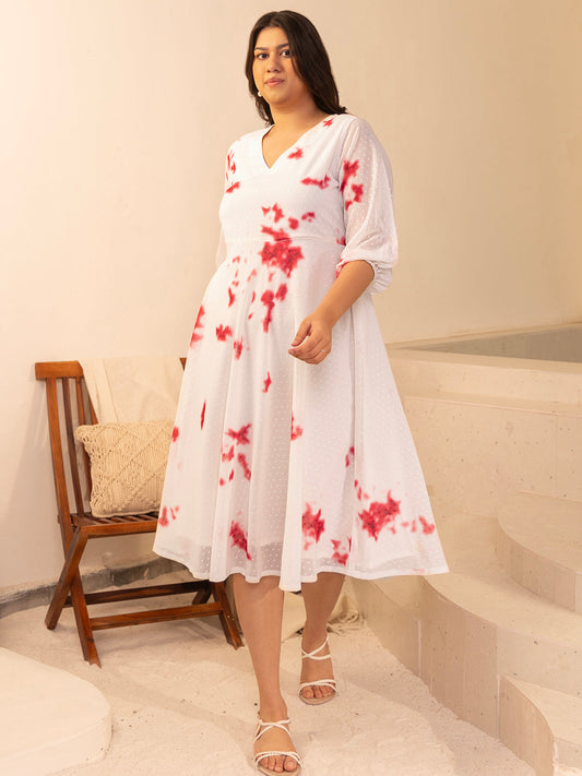 Janasya Off White Dobby Georgette Tie & Dye Fit & Flare Dress | Swadesiicart