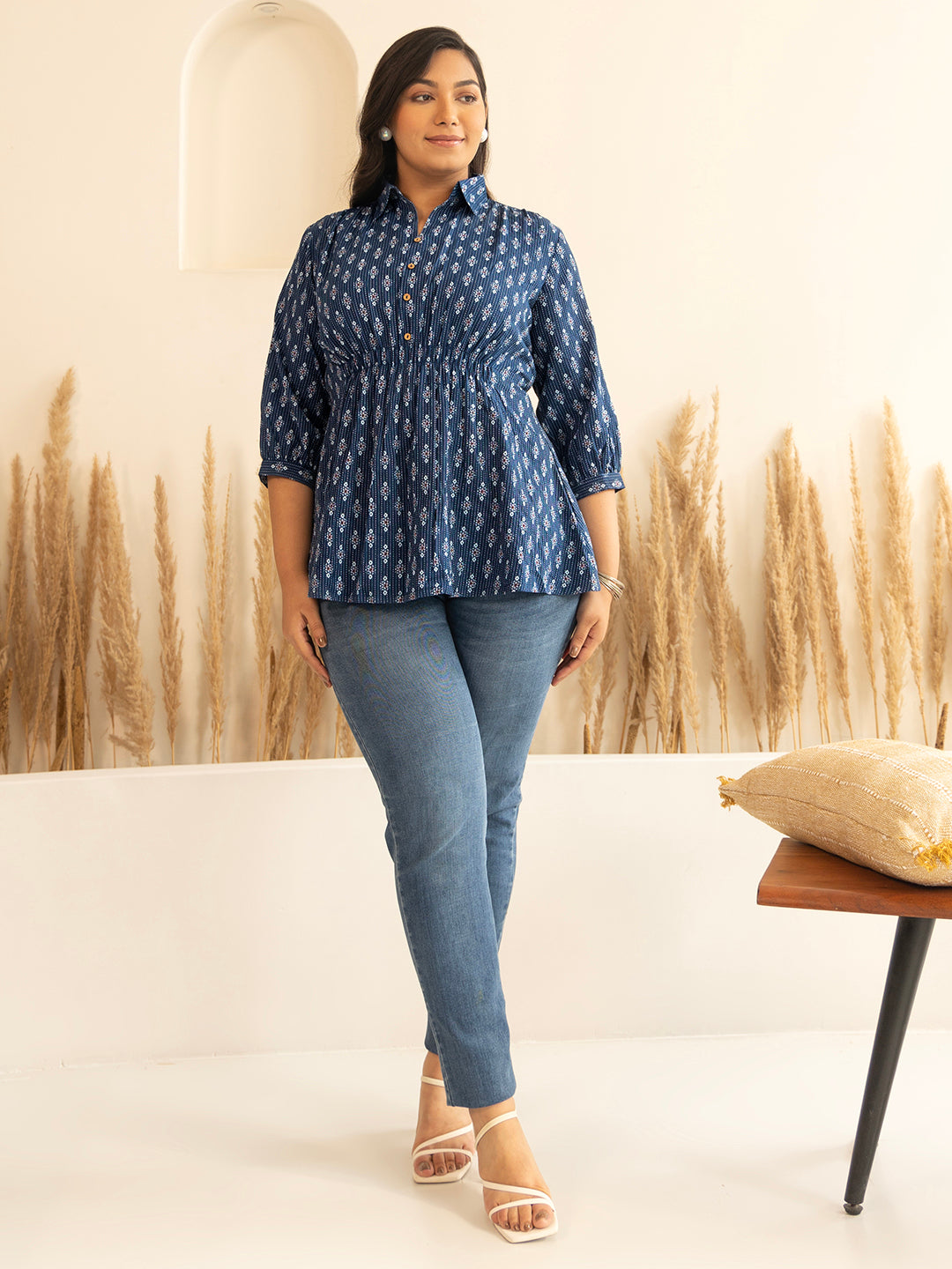 Janasya Dark Blue Cotton Ethnic Motifs A-Line Top | Swadesiicart
