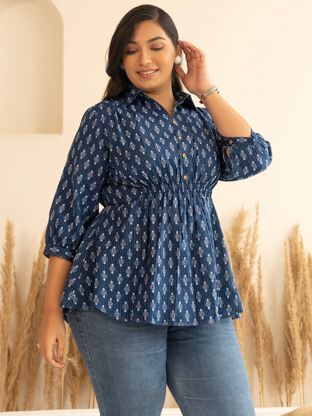 Janasya Dark Blue Cotton Ethnic Motifs A-Line Top | Swadesiicart