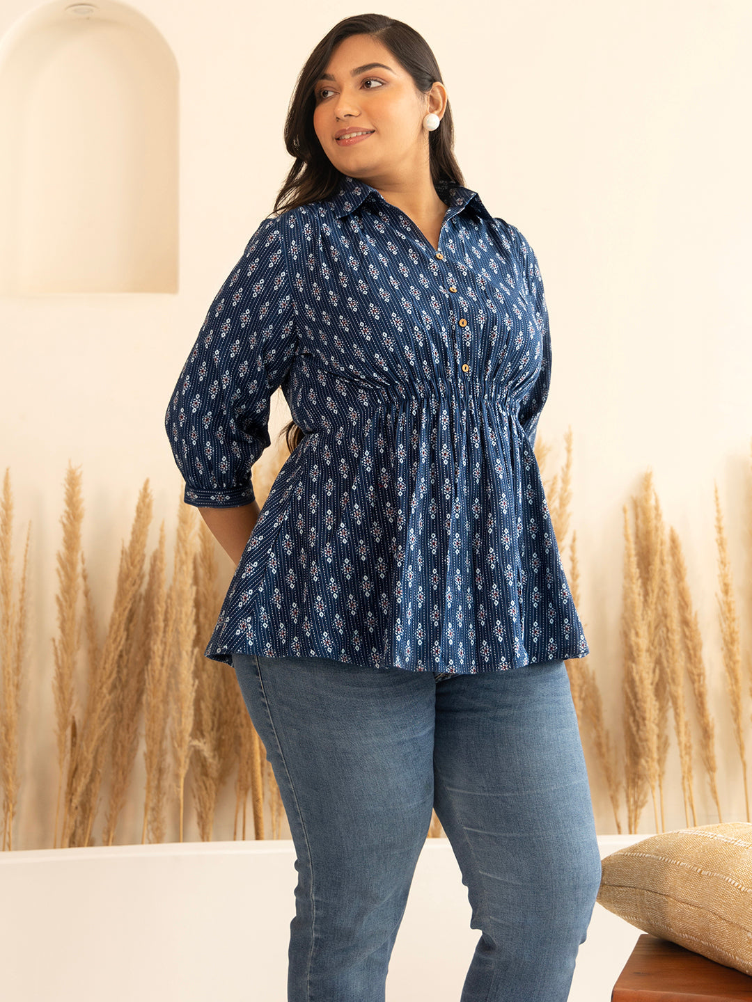 Janasya Dark Blue Cotton Ethnic Motifs A-Line Top | Swadesiicart
