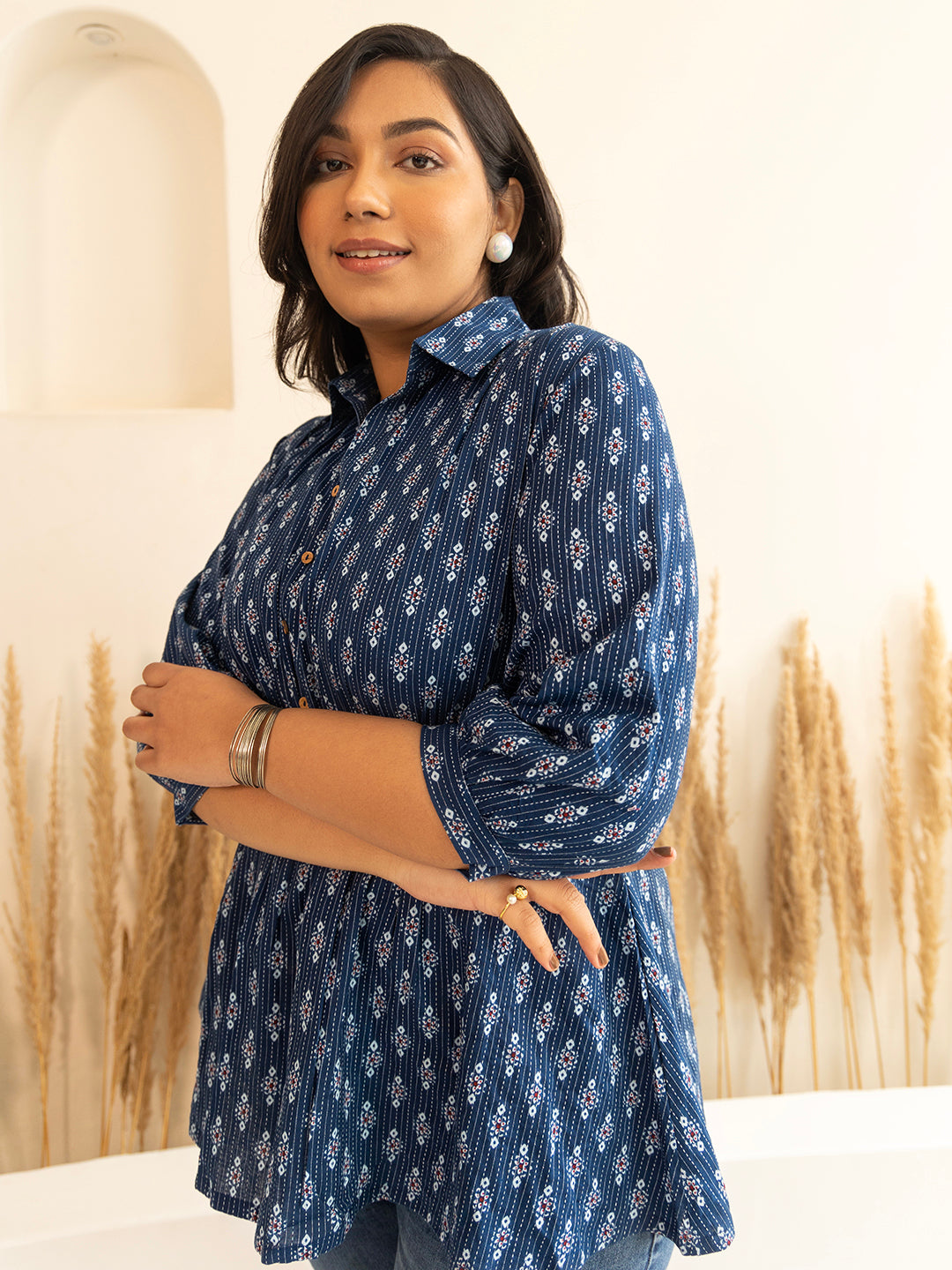 Janasya Dark Blue Cotton Ethnic Motifs A-Line Top | Swadesiicart