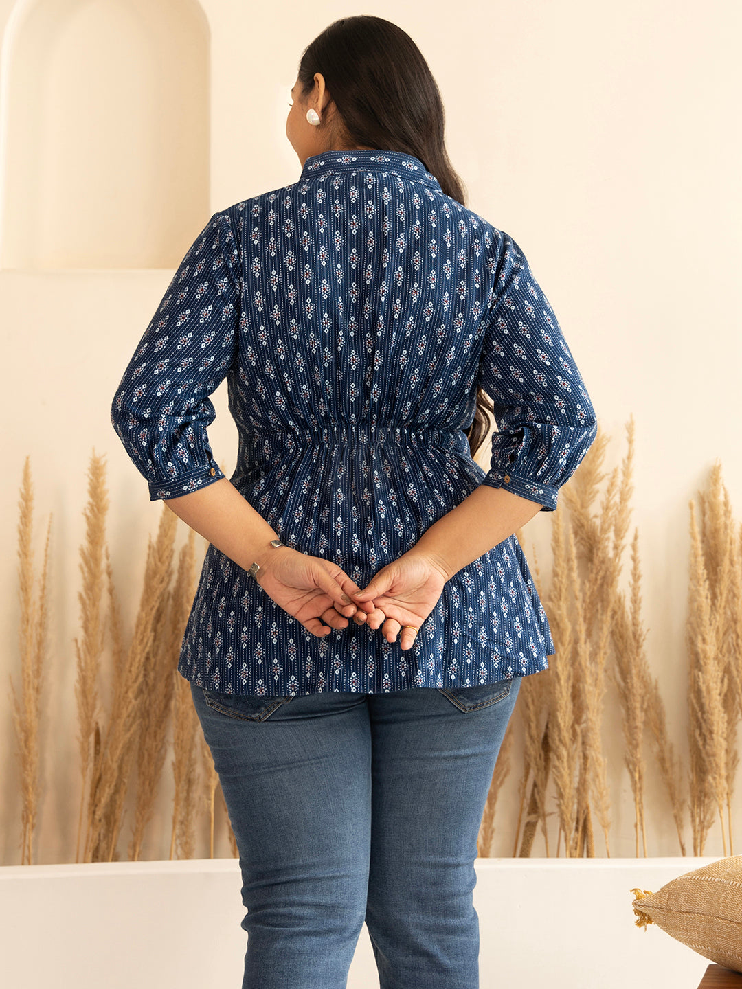 Janasya Dark Blue Cotton Ethnic Motifs A-Line Top | Swadesiicart