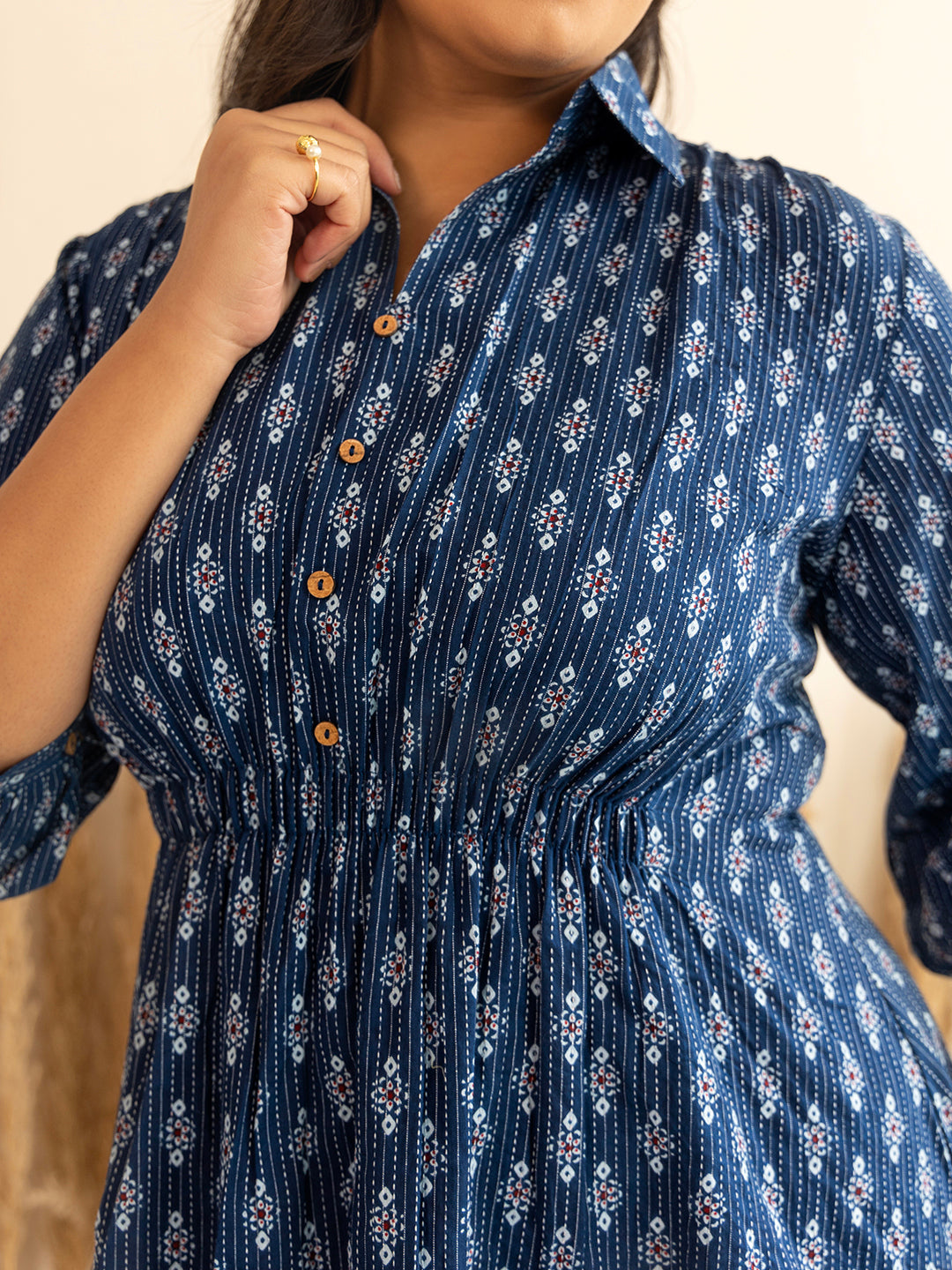 Janasya Dark Blue Cotton Ethnic Motifs A-Line Top | Swadesiicart