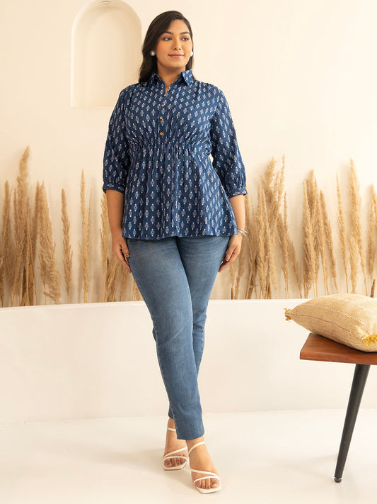Janasya Dark Blue Cotton Ethnic Motifs A-Line Top | Swadesiicart