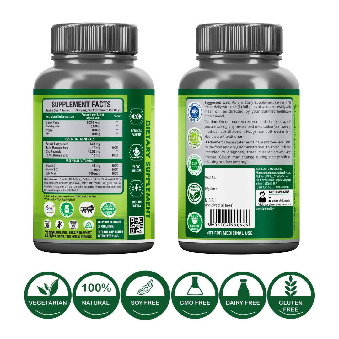 Nutrainix Chelated Iron Vitamin C Folic Acid & Zinc Tablets | Swadesiicart