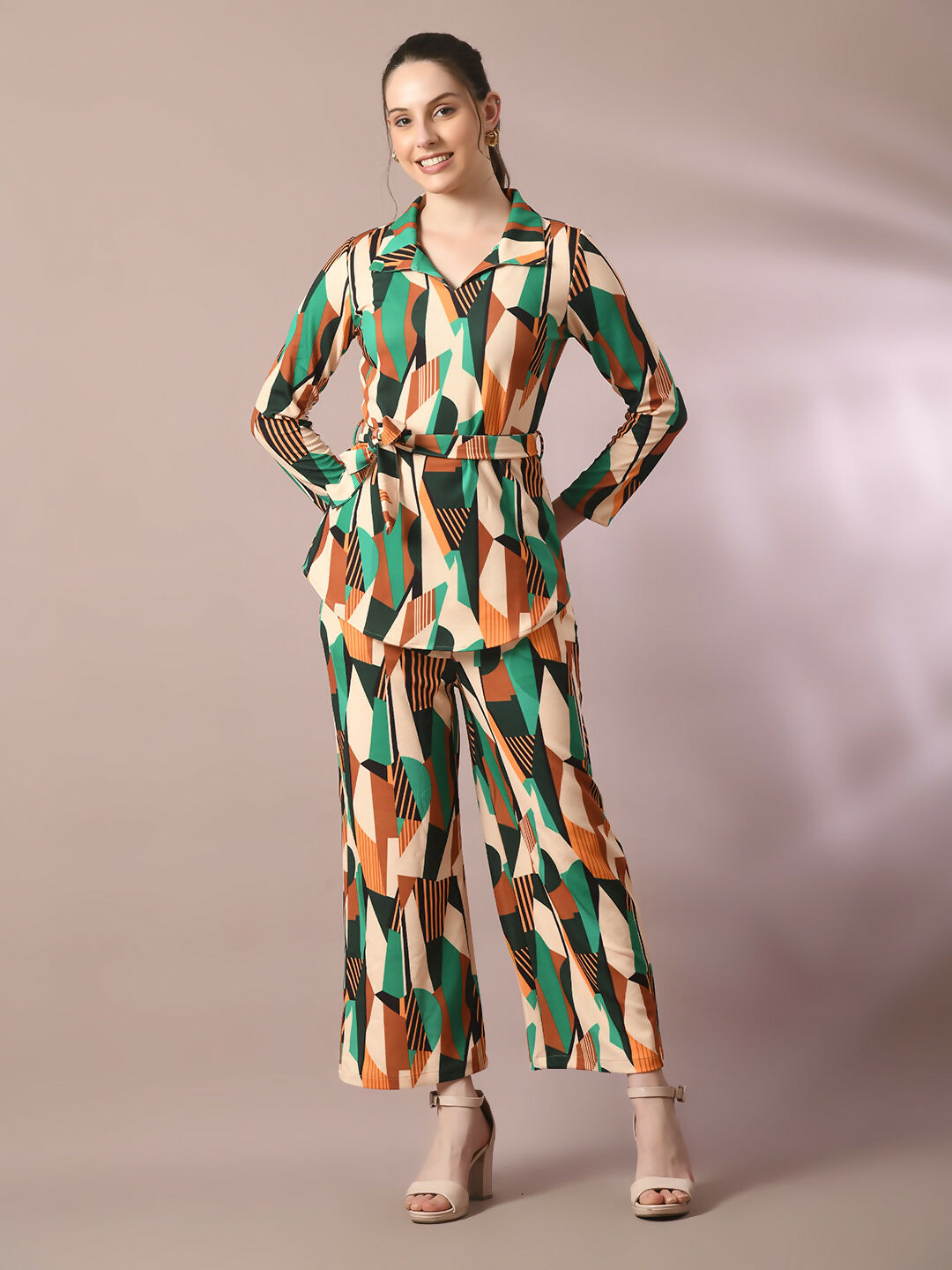 Myshka Women's Multi Printed Polo Collar Party Top With Trousers Co-ord set - Swadesiicart