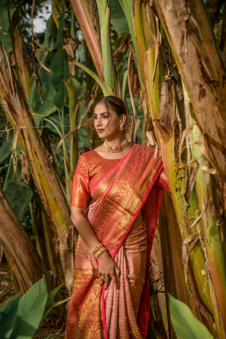 Jyoti Fashion Women's Peach Kanjivaram Silk Zari Woven Saree with Blouse | Swadesiicart