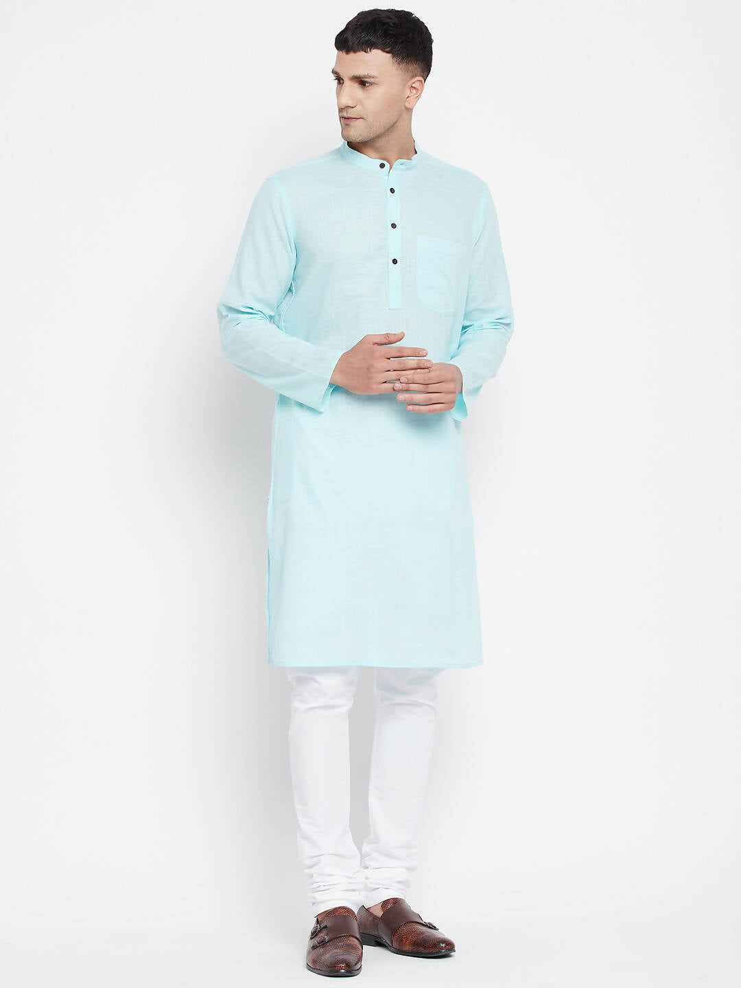 Even Apparels Pure Cotton Blue Color Men's Kurta With Band Collar | Swadesiicart