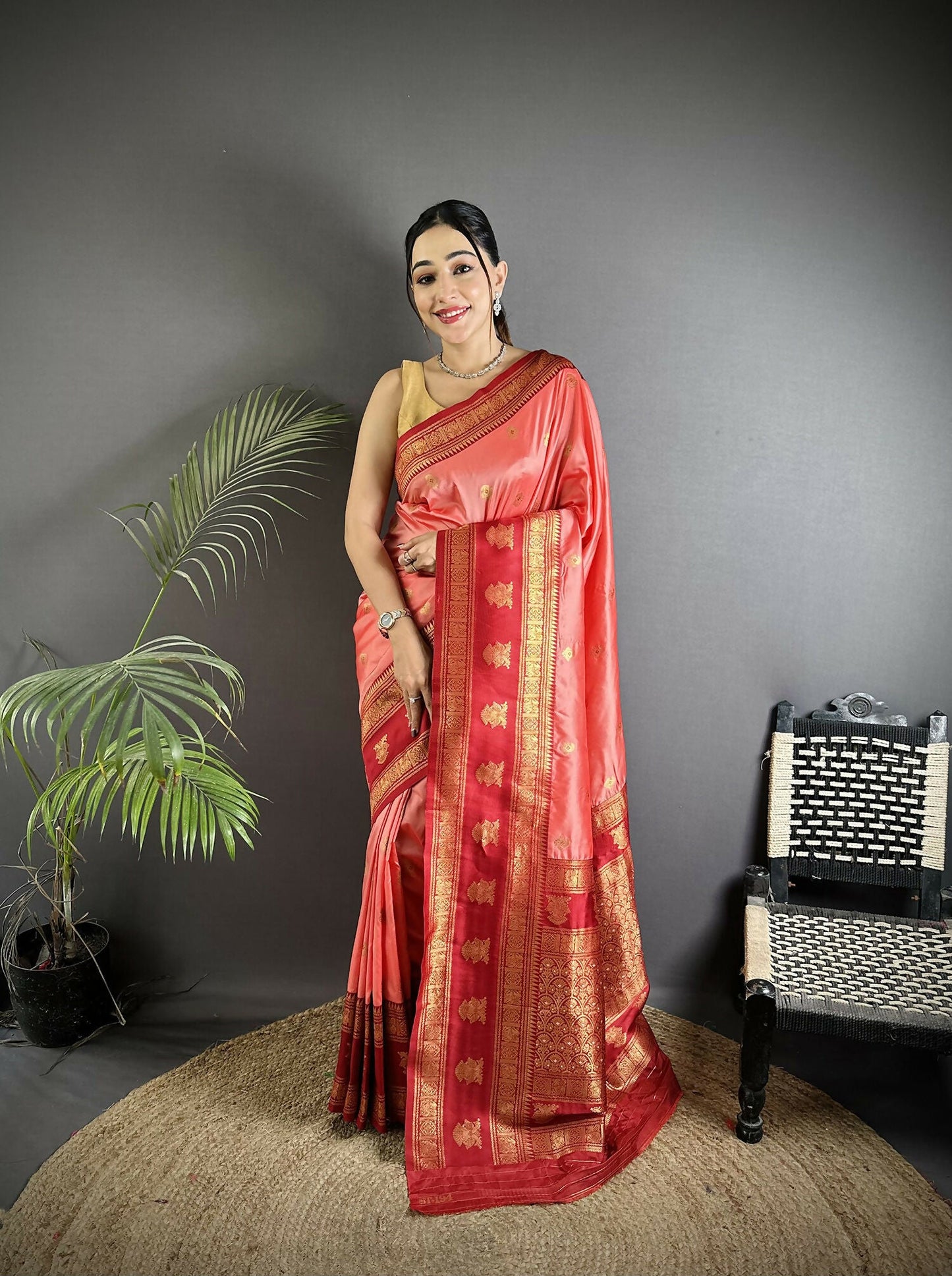 Joban Fashion Peach Banarasi Soft Silk Woven Butti Saree | Swadesiicart