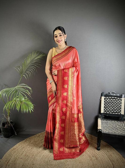Joban Fashion Peach Banarasi Soft Silk Woven Butti Saree | Swadesiicart