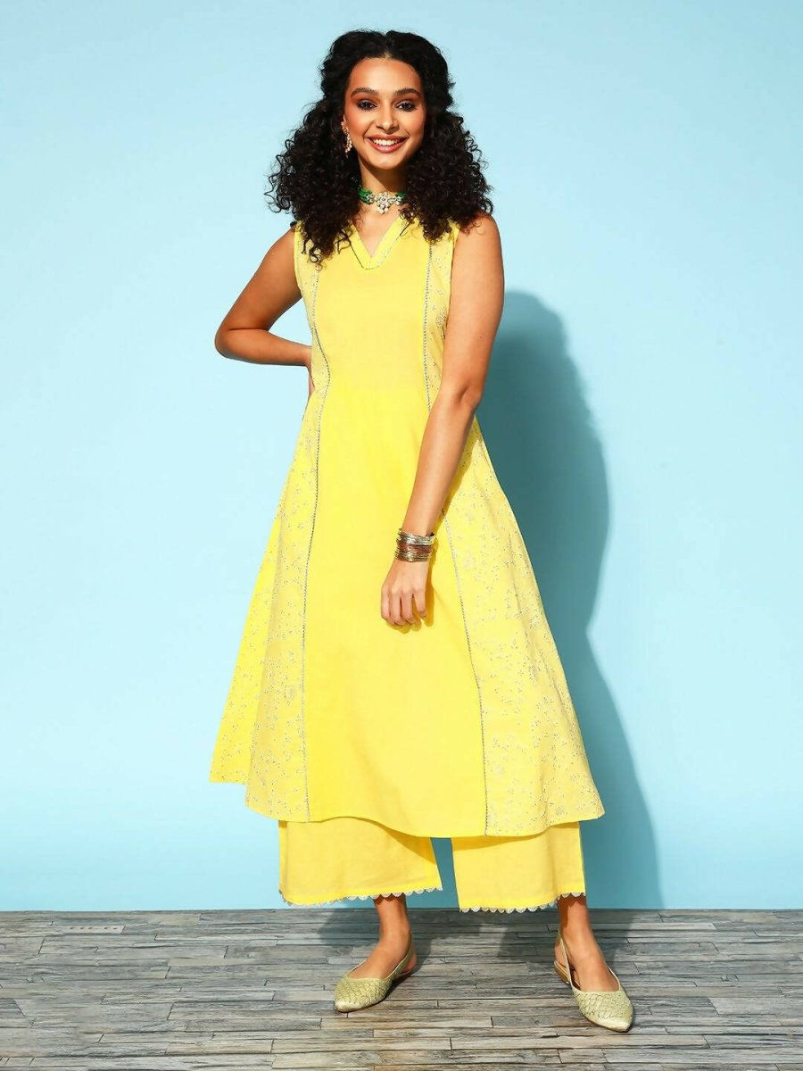 Ahalyaa Women Yellow Colour Cotton Printed Kurta Palazzo Set | Swadesiicart