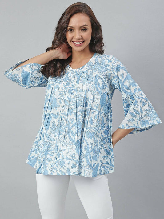Janasya Women's White Cotton Floral Print Tiered Top | Swadesiicart