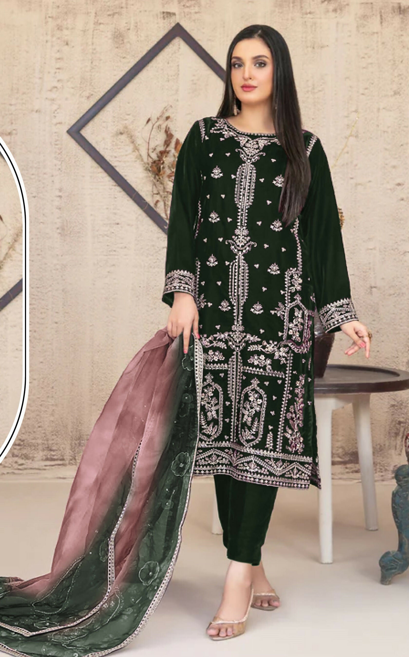 Anaita Green Velvet Suit with Embroidery Sequence Work - Swadesiicart