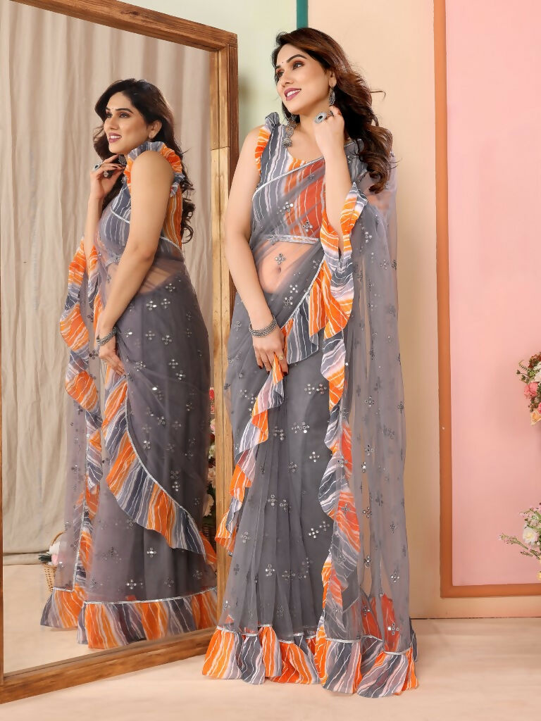 Partywear Designer Grey Net Fancy Saree - Dyuti | Swadesiicart