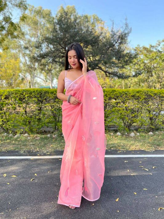 Vamsee Pink Organza Saree - Swadesiicart