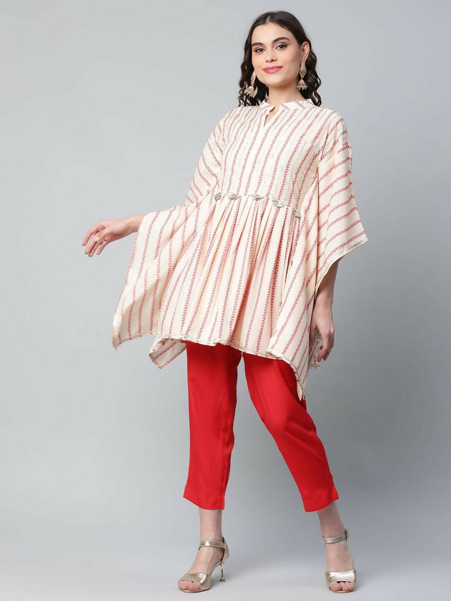 Ahalyaa Womens Off White Crepe Printed Kaftan Pant Set | Swadesiicart