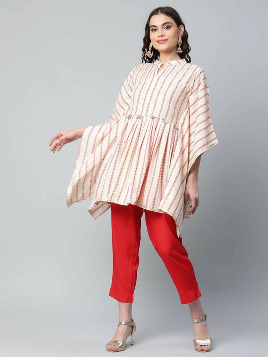 Ahalyaa Womens Off White Crepe Printed Kaftan Pant Set | Swadesiicart
