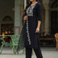 Juniper Women's Black Chinnon Solid Embroidered Kurta Set | Swadesiicart