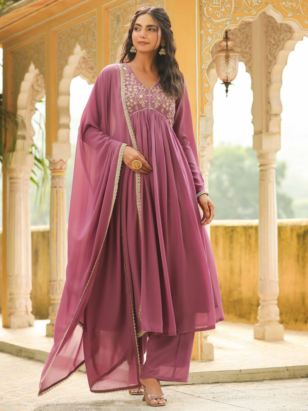 Janasya Lavender Georgette Yoke Embroidery Kurta,Bottom & Dupatta | Swadesiicart