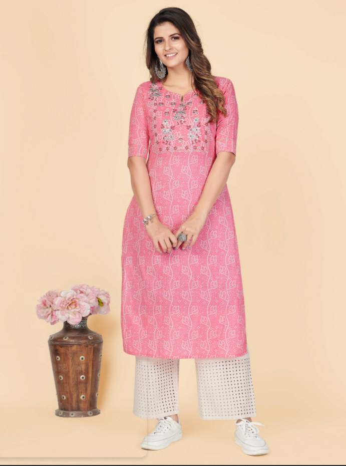 NOZ2TOZ Women's Printed & Embroidered Straight Cotton Pink Stitched Kurta (1Pc) - Noz2Toz