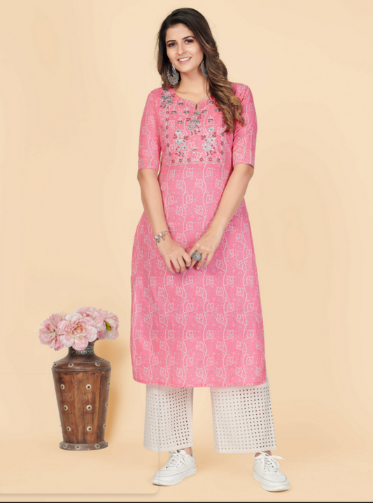 NOZ2TOZ Women's Printed & Embroidered Straight Cotton Pink Stitched Kurta (1Pc) - Noz2Toz