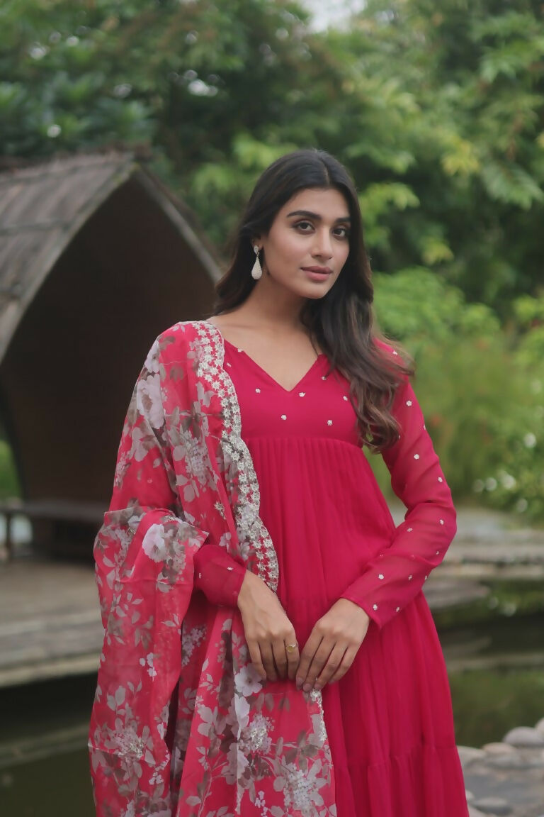 Jyoti Fashion Women's Pink Faux Blooming Butti Work Kurta with Trouser & Dupatta | Swadesiicart