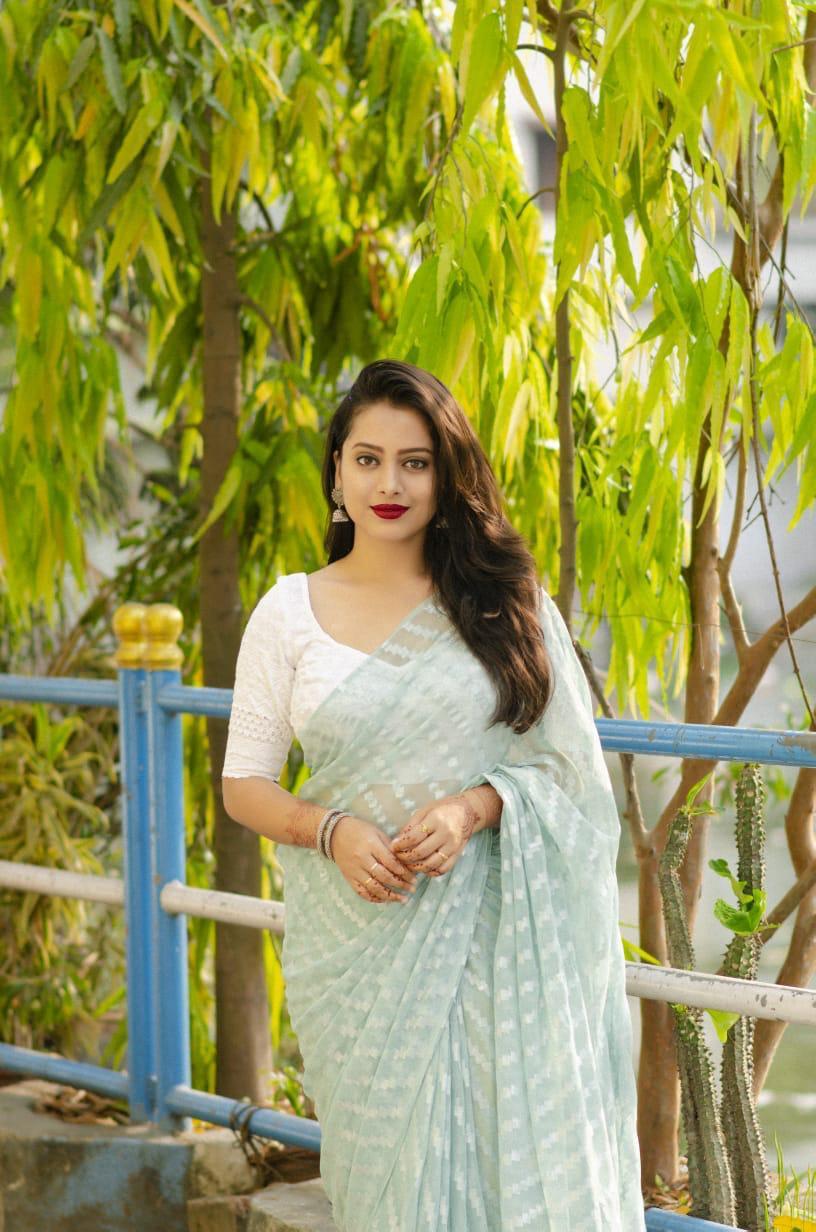 Blue Poly Chiffon Ethnic Motifs Saree with Unstitched Blouse - Hiral Fashion | Swadesiicart