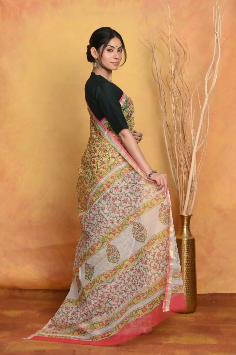 Very Much Indian Pure Kota Cotton Handblock Printed Saree - Yellow | Swadesiicart