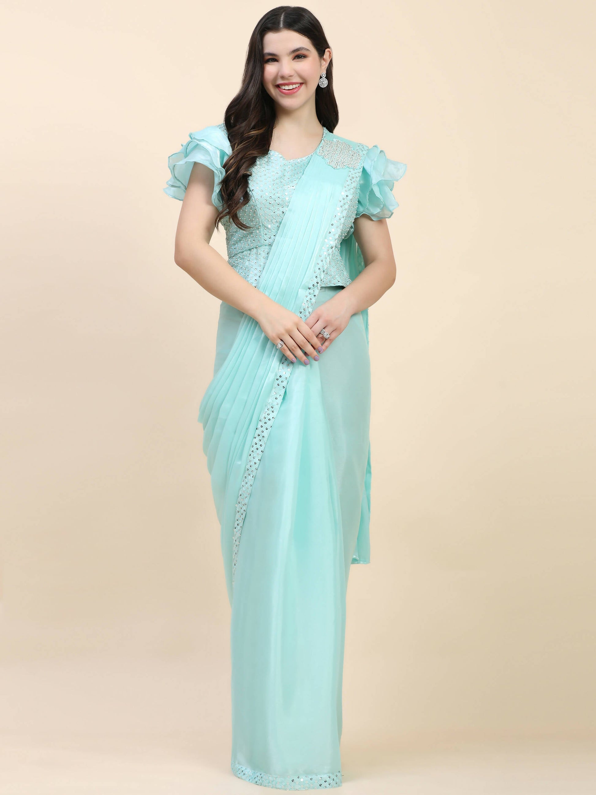 Light Blue Silk Satin Sequence Work Ready to Wear Saree with stitched Blouse - Nirvana | Swadesiicart