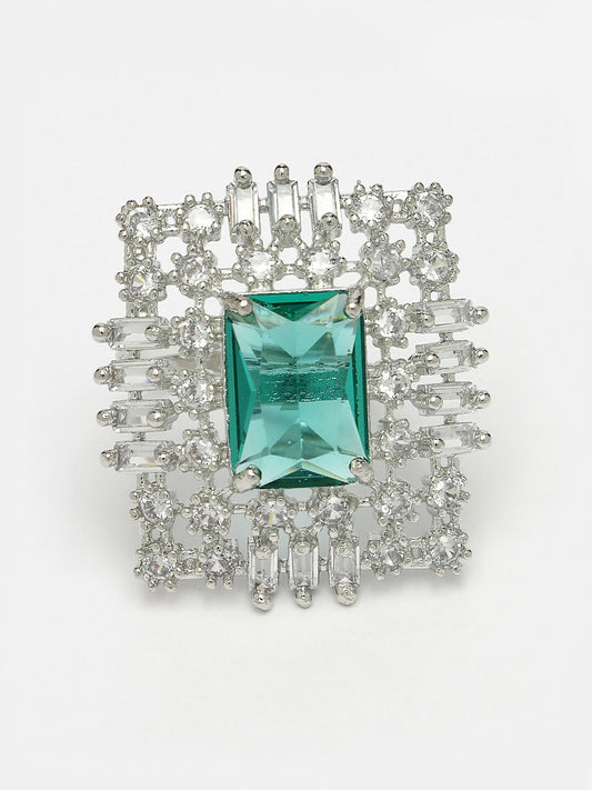 NVR Women's Green & Silver CZ-Studded Square-Shaped Adjustable Finger Ring | Swadesiicart
