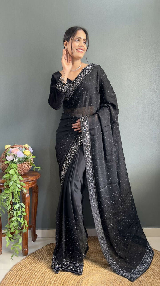 Vastranavya Black Rangoli Silk Real Mirror work with Swarovski work Ready to Wear Saree | Swadesiicart