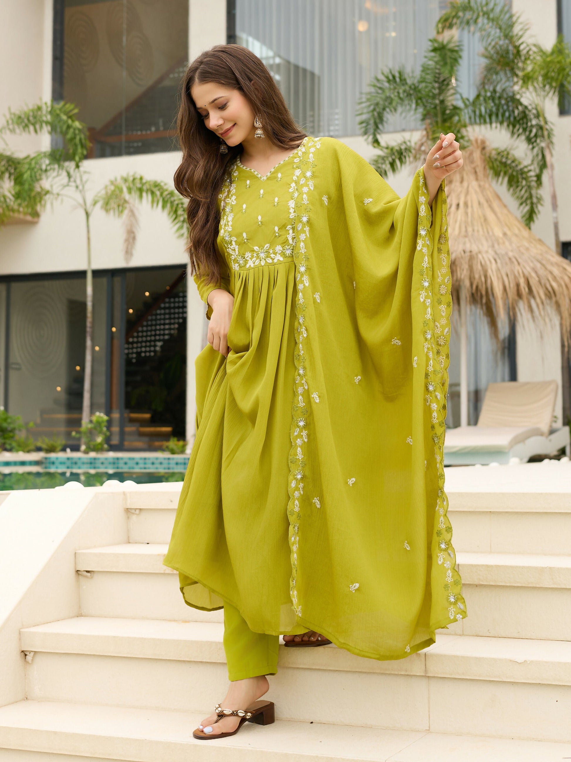 The52 Lemons Women's Gorgeous Chinon Embroidered Flared Kurta with Pant And Dupatta Set - Swadesiicart