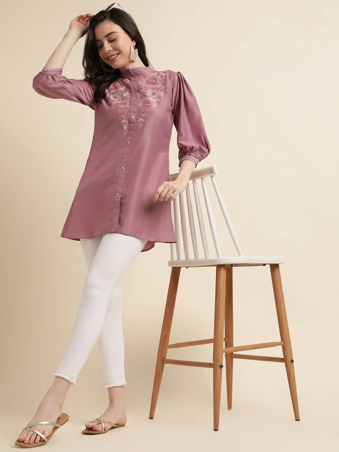 Dust Pink Chinon Yoke Embroidered A-line Top - Tarini - Swadesiicart