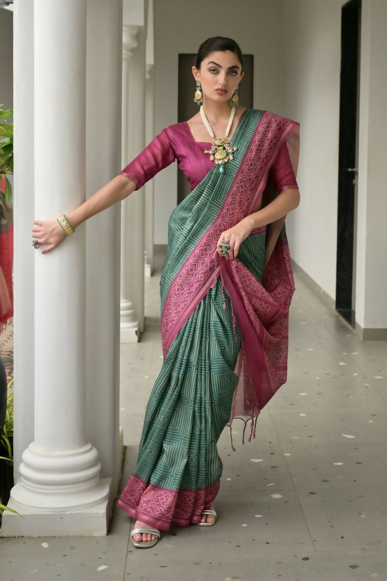 Vishnu Weaves Women's Wine Soft Tussar Silk Printed Saree with Blouse - Swadesiicart