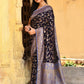 Joban Fashion Navy Blue Crepe Chiffon Pure Handloom Banarasi Silk Saree | Swadesiicart
