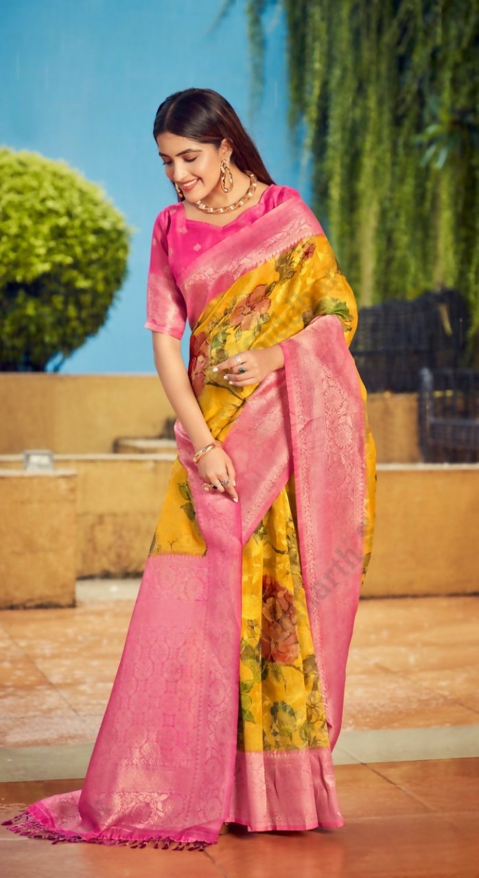 Exclusive Collection Wedding Pink Yellow Collection Banarasi Silk Saree With Rich Pallu - Swadesiicart
