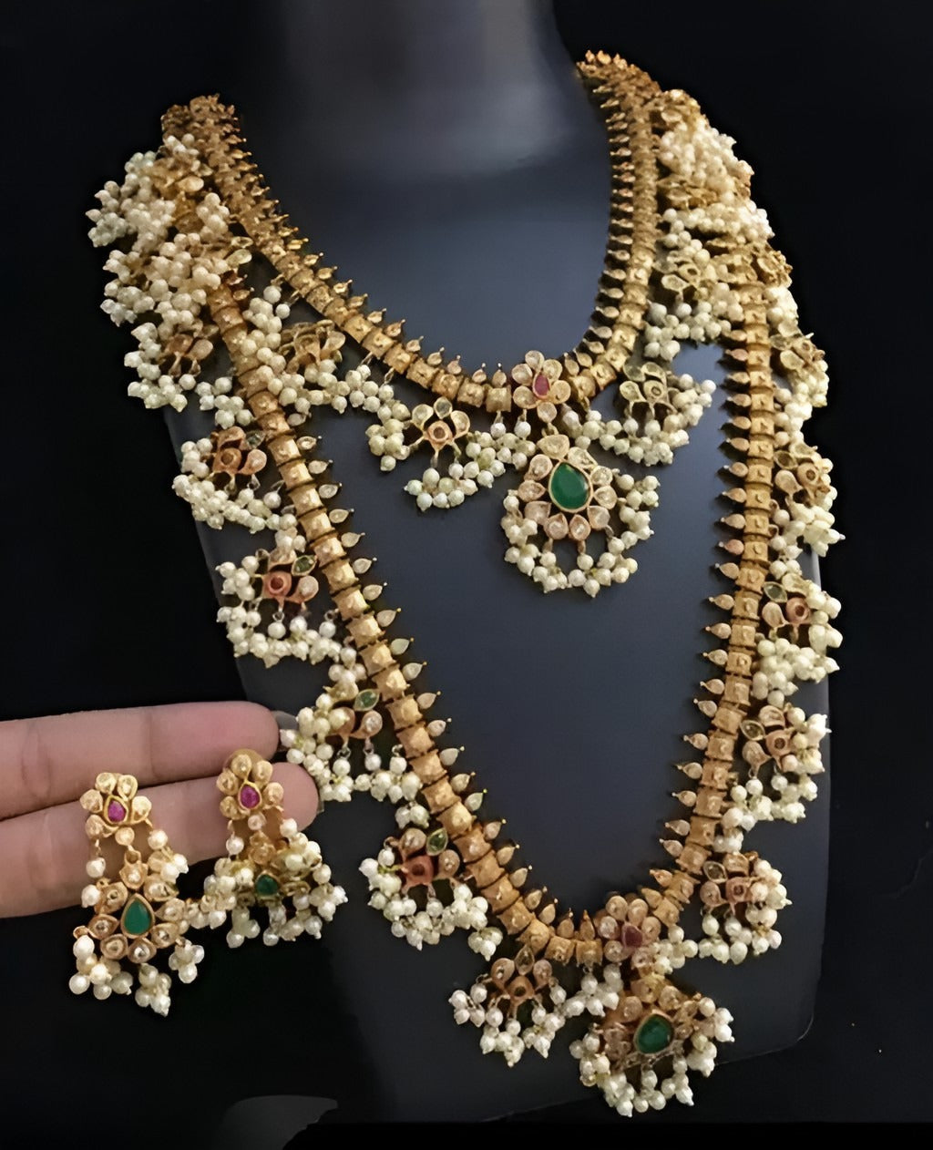 Jewel City Antique-Finish Temple Jewelry Set with Green stone & Pearl Details-Traditional South Indian Bridal Necklace Earrings Set | Swadesiicart
