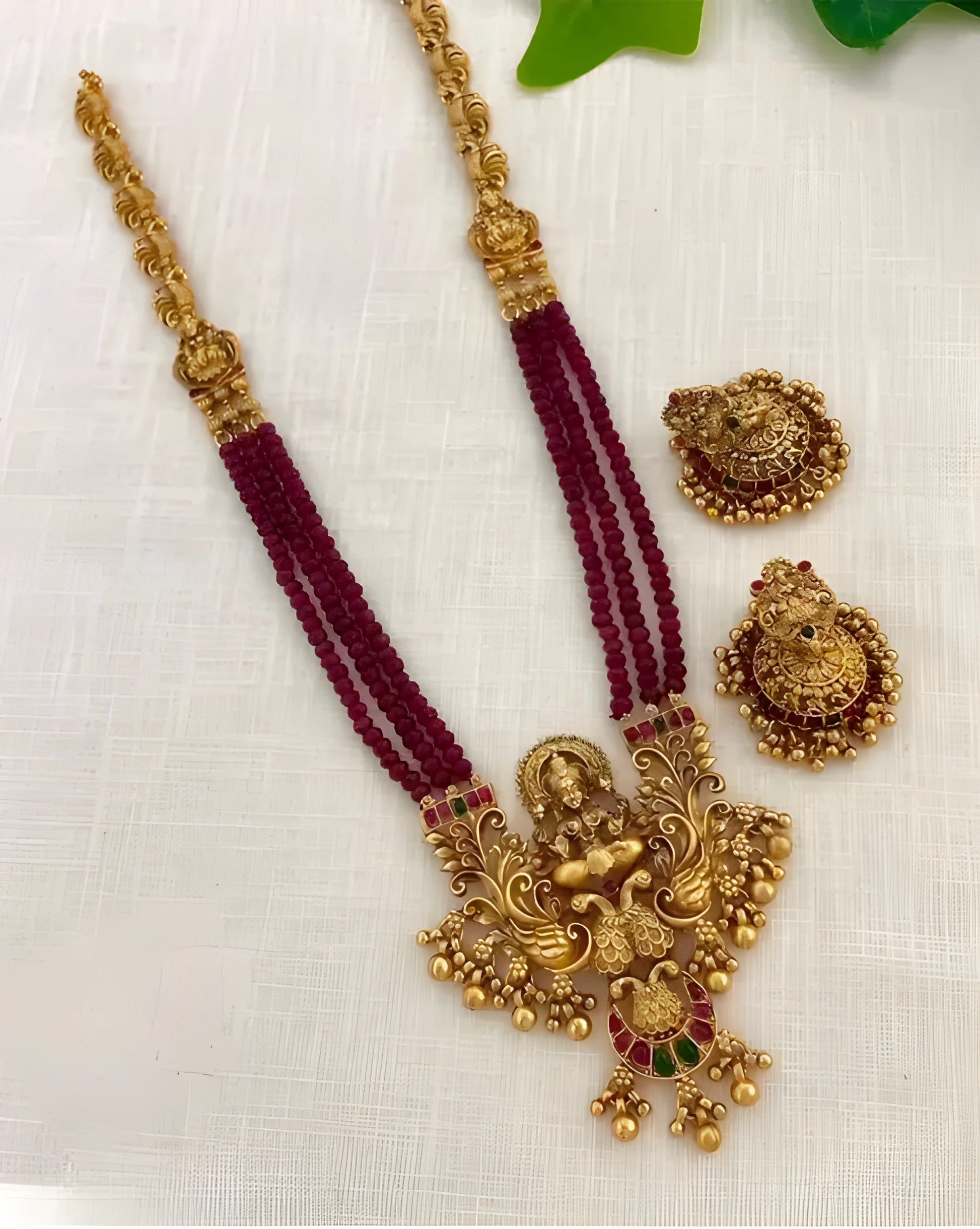 Jewel City Antique-Finish Goddess Ruby Beaded Necklace & Stud Earring Set - Traditional Kemp Stone Temple Jewelry | Swadesiicart