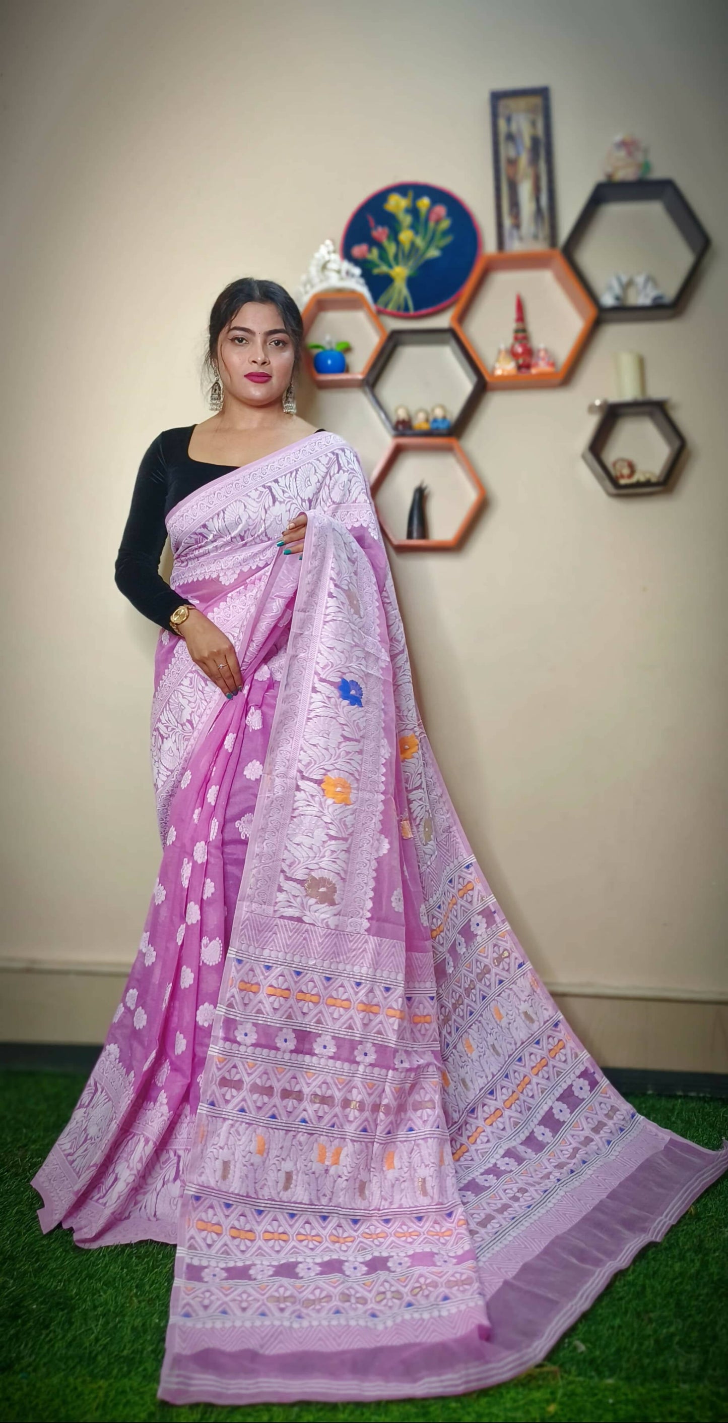 Exclusive Collection Handloom Dhakai Jamdani Saree - Pink - Swadesiicart