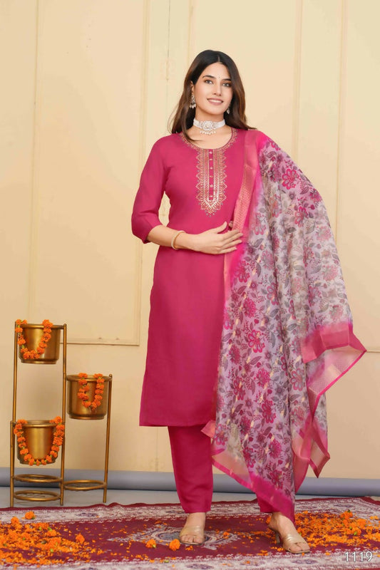 Red Viscose Chanderi Embroidered Stitched Suit With Dupatta - Tanisha | Swadesiicart