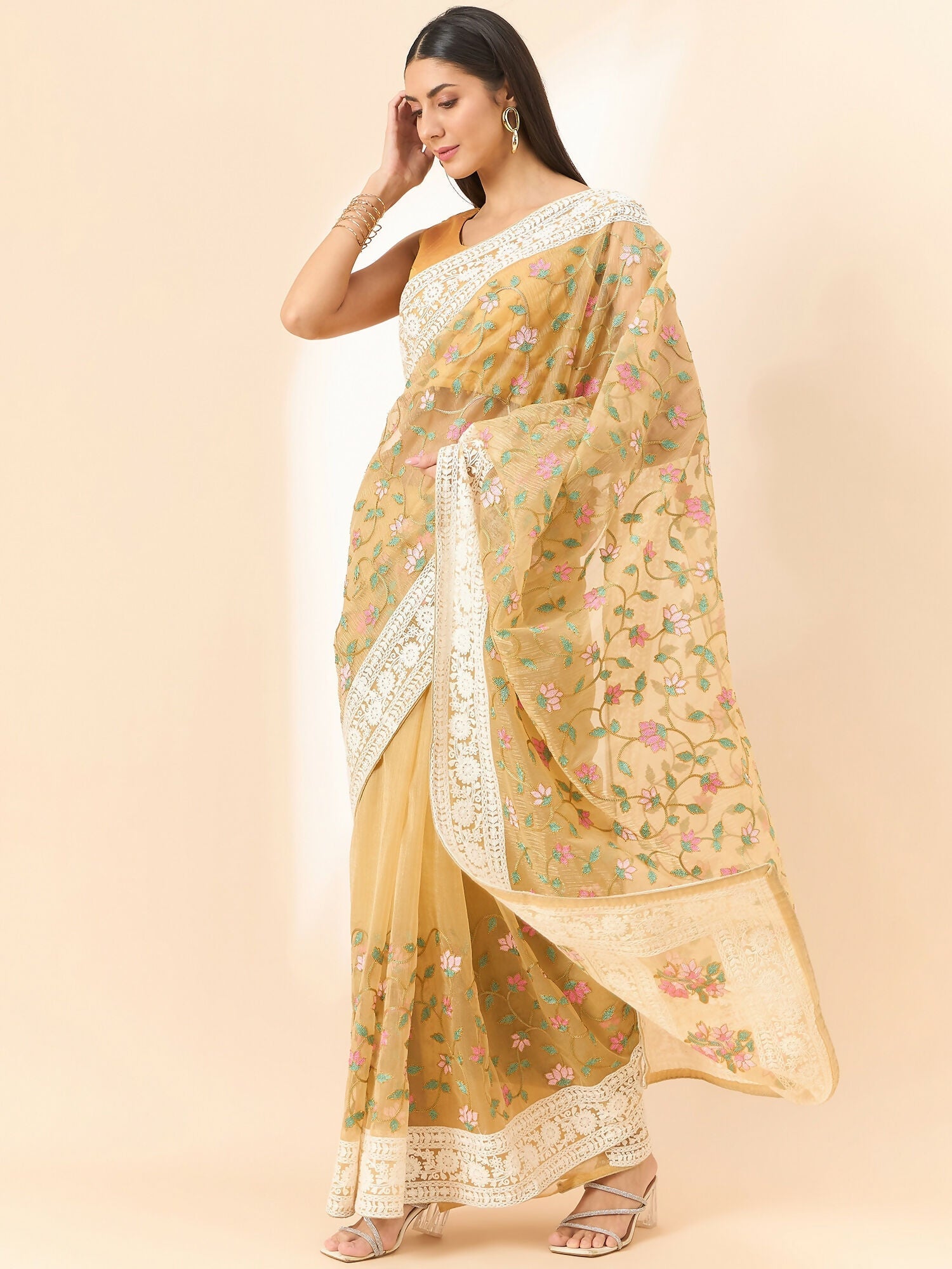 Beige Organza Floral Embroidered Saree with Unstitched Blouse Piece - Roozal
