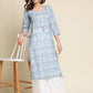 Blue Linen Floral Printed Straight Fit Kurta - Prasuti