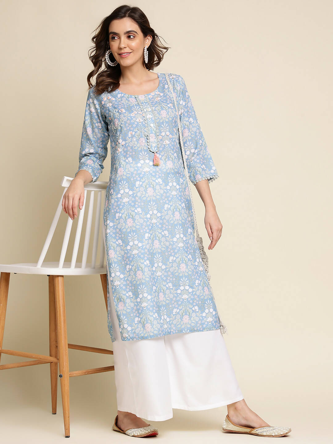 Blue Linen Floral Printed Straight Fit Kurta - Prasuti